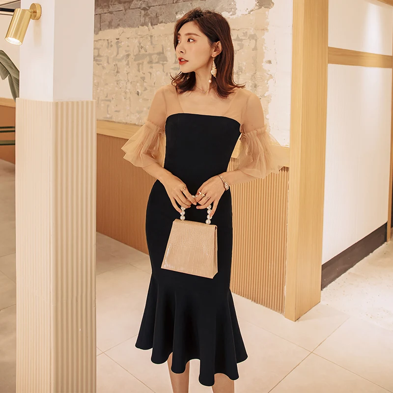 

YIGELILA 2019 Autumn Patchwork Dress Square Collar Fish-tail Elegant Dinner Party Dress Lantern Sleeves Mid-calf Dress 65191
