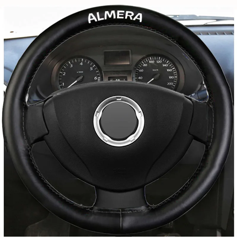 

For Nissan Almera Black Genuine Leather Hand Sew Car Steering Wheel Cover Car Accessories