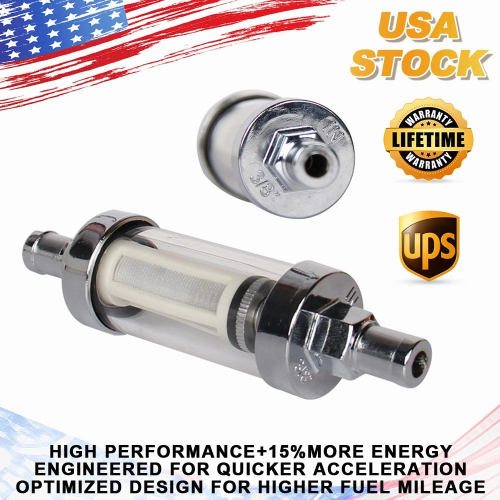 Clear Fuel Filter Universal In Line Chrome Reusable 3/8" IN/OUT petrol carby Clear Fuel Filter Universal In Line Chrome Reusable 3/8" IN/OUT petrol carby