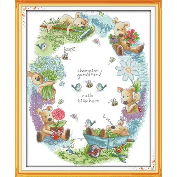 

Little bear gardener counted and stamping cross stitch kit 14ct 11ct canvas fabric DIY cartoon pattern needlework embroidery set
