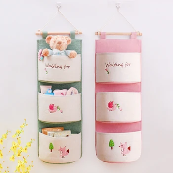 

3 Pockets Cute Wall Mounted Storage Bag Cotton Linen Closet Organizer Sundries Cosmetics Toys Bag Foldable Organizers Container
