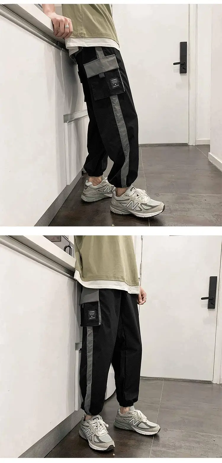 Men's Side Pockets Cargo Harem Pants 2021 Ribbons Black Hip Hop Casual Male Joggers Trousers Fashion Casual Streetwear Pants