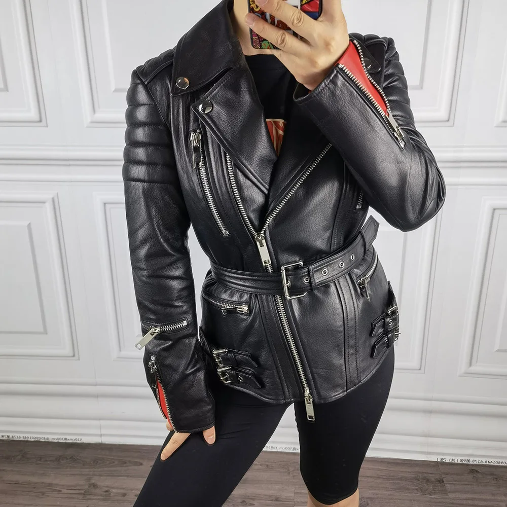 YOLOAgain Soft Sheepskin Genuine Leather Jackets Women Zippers Black Slim  Moto Biker Jacket With Blet Ladies