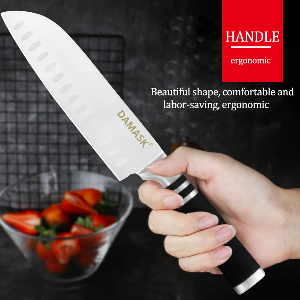 Дамасские кухонные ножи 3Cr14 лезвие из нержавеющей стали+ 430 стальной нож с деревянной ручкой Dimple Santoku нож для резки нарезки ножи для хлеба
