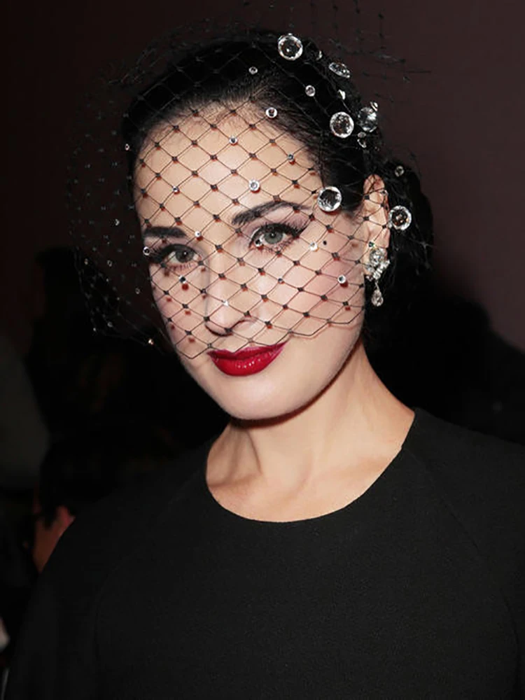 One Layer Black Bridal Hats Crystal Beaded Net Birdcage Face Veils