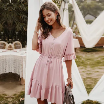 

2020 New Elegant Solid V Neck Spring Summer Dress Lace Up Button Ruffles Sleeve A Line Mini Dress Pink Yellow