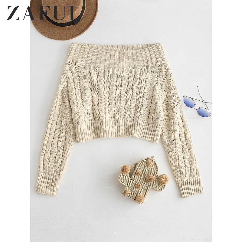 

ZAFUL Sweaters 2019 Off The Shoulder Chunky Cable Knit Sweater Jumper Knitted Long Sleeve Pullovers Tops Crop Sweater Streetwear