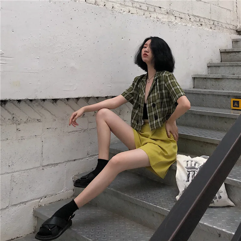 Фото фотосессия Южная Корея Лето стиль~ Ретро Западный стиль короткий с высокой талией плед Тонкий маленький костюм пальто