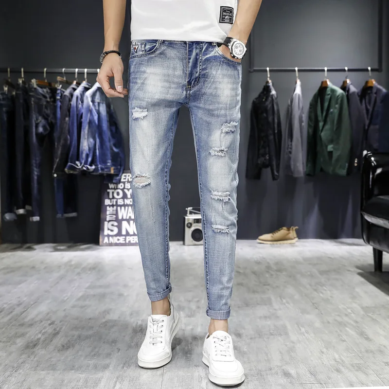

2019 Spring Summer Korean-style Trend Men with Holes Jeans Men's Versatile Elasticity Slim Fit Skinny Pants Capri Pants