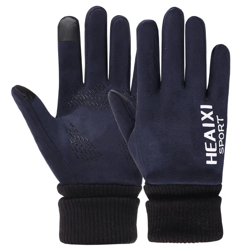 Замшевые перчатки зимние теплые и толстые с сенсорным экраном для верховой езды, для альпинизма вождения ветрозащитные перчатки для бега - Цвет: Синий
