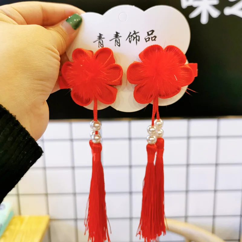 1 пара китайский стиль Hanfu аксессуары головной убор сладкая девочка принцесса красивый красочный Hairball цветок Длинная кисточка клипса утконоса