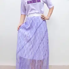 Женская кружевная длинная юбка фиолетовая Лоскутная эластичная талия элегантная дамская юбка до середины икры