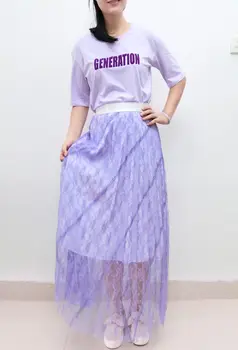 

Women's Long Skirt Lace Purple Elastic Waist Two Pieces Patchwork Elegant Lady Skirt Spring Summer