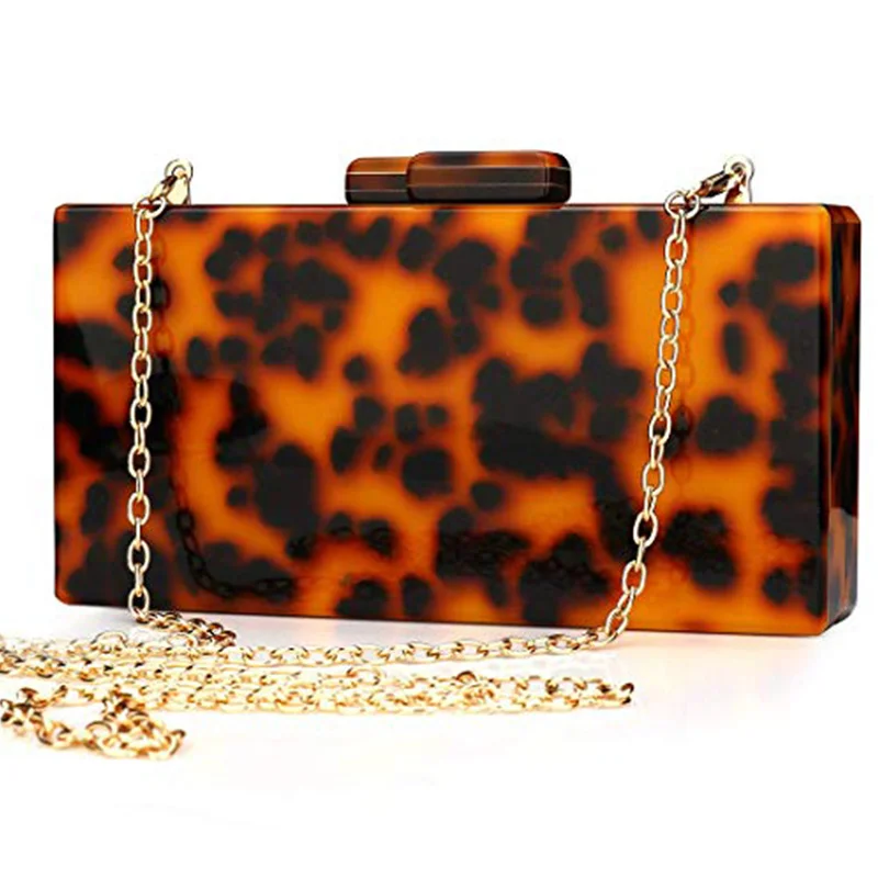 

New Fashion Acrylic Purse Women Square Evening Bag Hard Case Leopard Print Handbag Cross-Body Purse C55