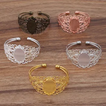 

10pcs Flower Bangle 18x25mm Oval Bezel Cameo Bases Blanks Punk Open cuff Bracelet Bangle Settings Hip Hop Bangles for Women