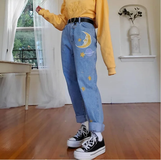 Loose Women Jeans Indie Aesthetic Jeans Denim Trousers Womens Clothing  Baggy Mom Jeans New Casual Fashion Moon Print Jean|Jeans| - AliExpress