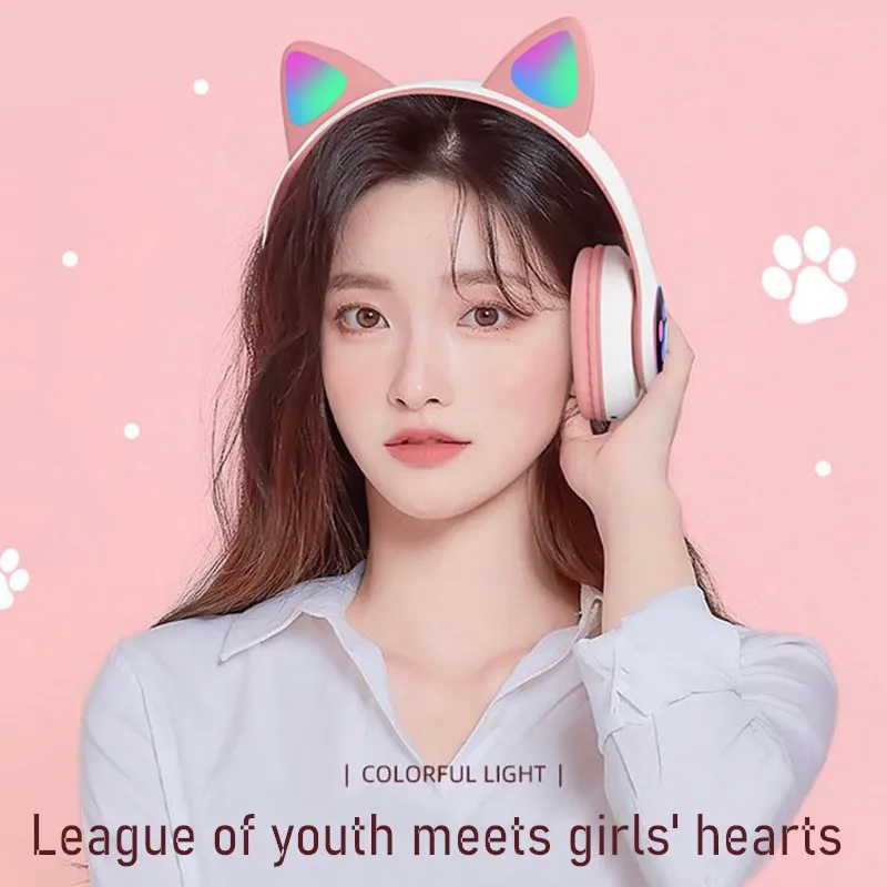Shoumi Wireless Headphone Flash Light Cute Cat Helmet Phone HD Mic Bluetooth Headset LED Kid Girl Stereo Noise Reduce Music Gift