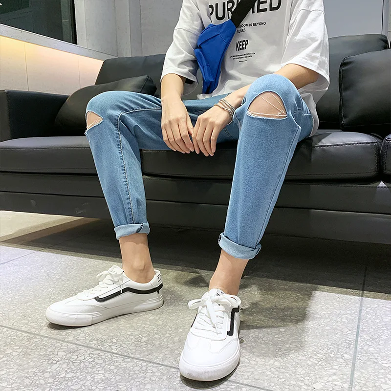 Casual Hole Men Jeans Fashion Slim Ankle Length Denim Pants Solid Jeans Homme Big Size
