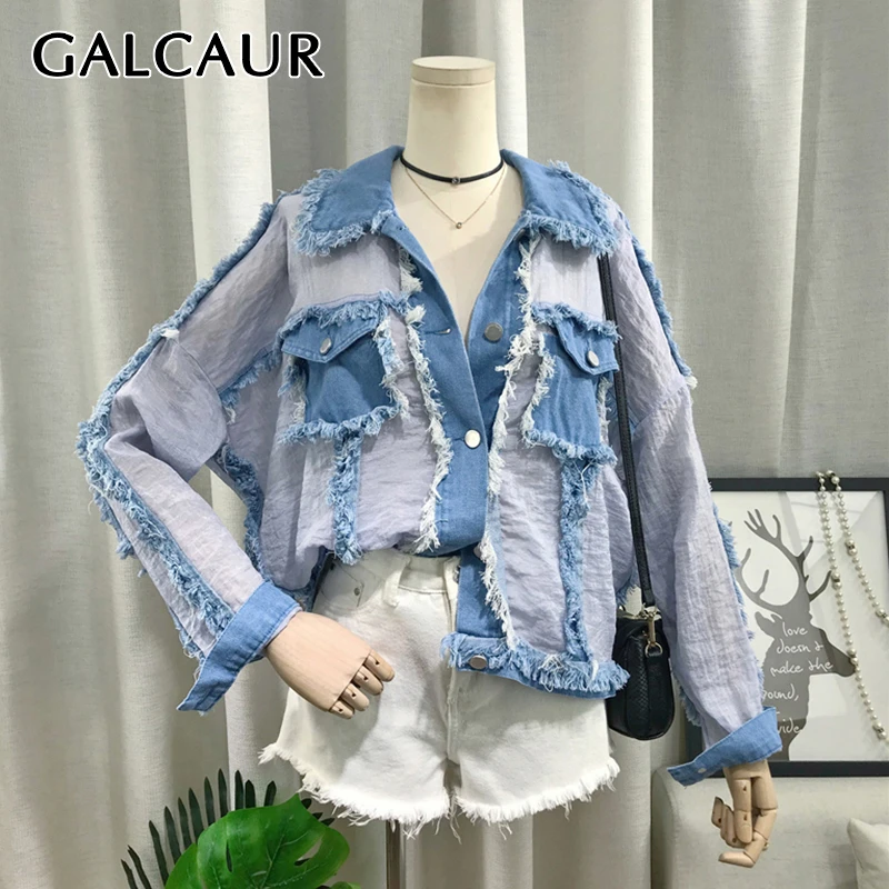 GALCAUR Лоскутная джинсовая рубашка Топы женские с отворотом воротник длинный рукав перспектива женская блузка повседневная одежда модная новинка