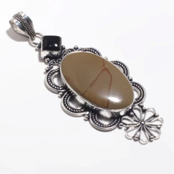 

Nature Mookaite Jasper + Black Onyx Pendant Silver Overlay over Copper , Women Jewelry gift