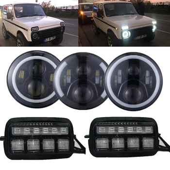 

For Lada 4X4 7'' LED Headlight ABS Plastic Daytime running lights with DRL car light halo turn signal Driving lamp for Lada Niva
