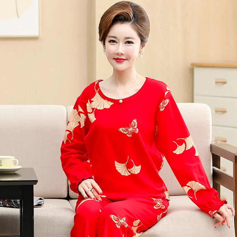 

Middle Aged And Elderly People Pajamas Women's Spring And Autumn Pure Cotton Long Sleeve Year of Fate Red Tracksuit Middle-aged