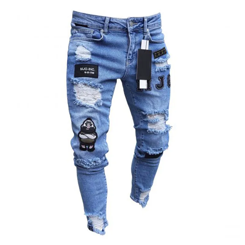 light blue Мужские Стрейчевые рваные обтягивающие байкерские джинсы с вышивкой и принтом, рваные зауженные джинсы, поцарапанные джинсы высокого качества, S-3XL - Цвет: light blue