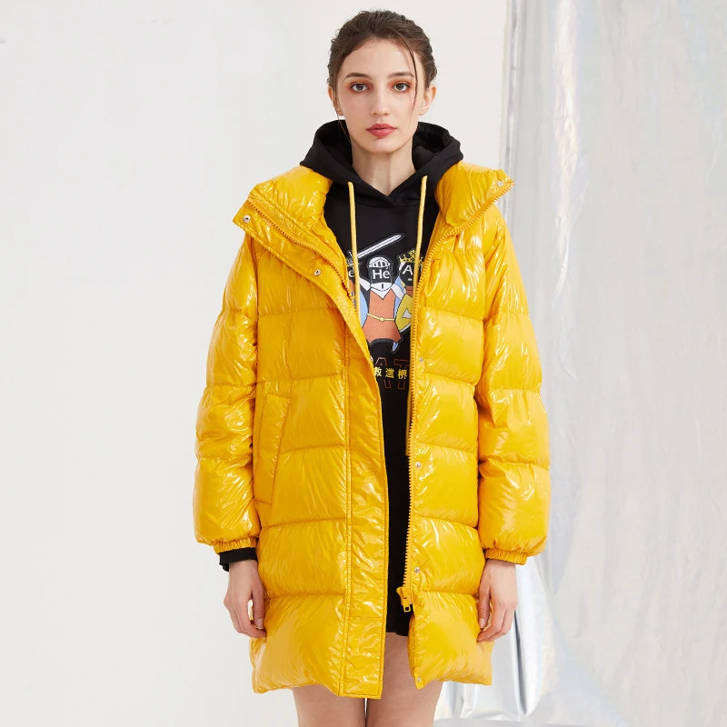 Модный женский зимний пуховик средней длины Водонепроницаемая яркая куртка повседневная теплая верхняя одежда черный желтый