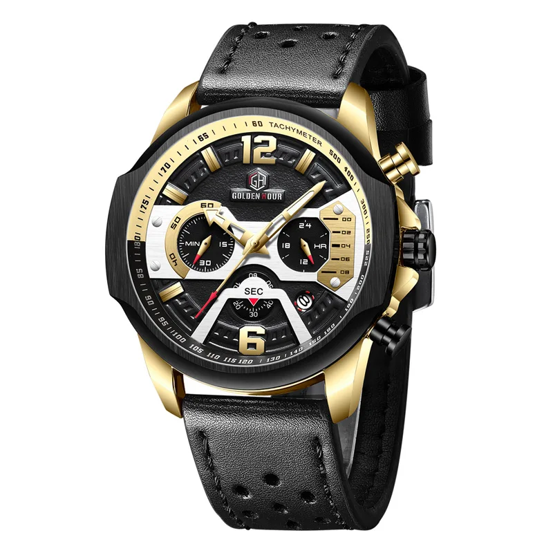 Gold Black Роскошные брендовые GOLDENHOUR Мужские кварцевые часы из натуральной кожи, водонепроницаемые военные мужские часы с календарем, мужские часы - Цвет: Gold Black