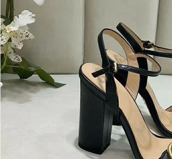 

Prowow New Summer Genuine Leather Metal Deco Sandals Open Toe Thick Heel Chunky Heel Sandals Shoes Women