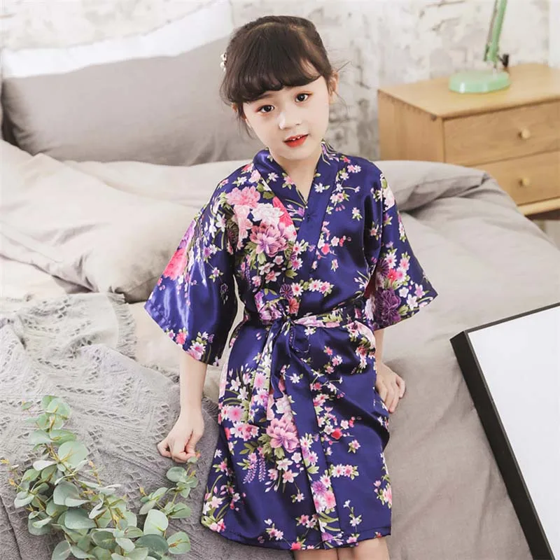 Детское летнее атласное кимоно, банный халат подружки невесты, платье для девочек, шелковая детская ночная рубашка, одежда для сна с цветочным рисунком, банный халат, От 2 до 12 лет