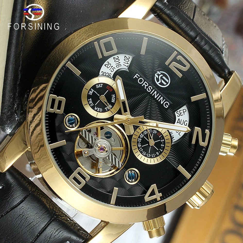 Forsining Tourbillon Мода волна черный золотой часы многофункциональный дисплей Мужские автоматические механические часы лучший бренд класса люкс