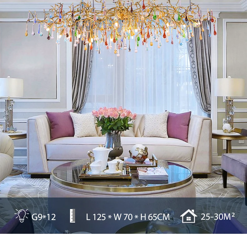 New light luxury French color water drop chandelier American villa creative post-modern all copper branch living room lamp