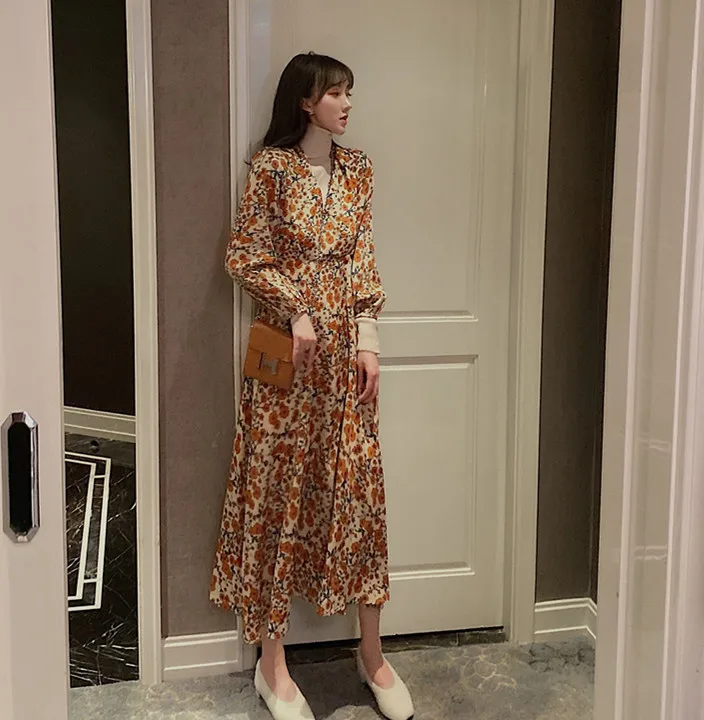 orange Осенне-весеннее винтажное шифоновое платье с цветочным рисунком, Boho, элегантные женские вечерние платья с длинным рукавом, Vestidos - Цвет: orange