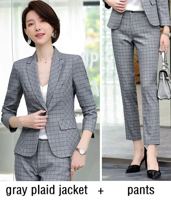 gray jacket pants Женские костюмы тонкий весенний клетчатый пиджак брюки OL формальные женские брючные костюмы женский комплект костюмы 366 - Цвет: gray jacket pants