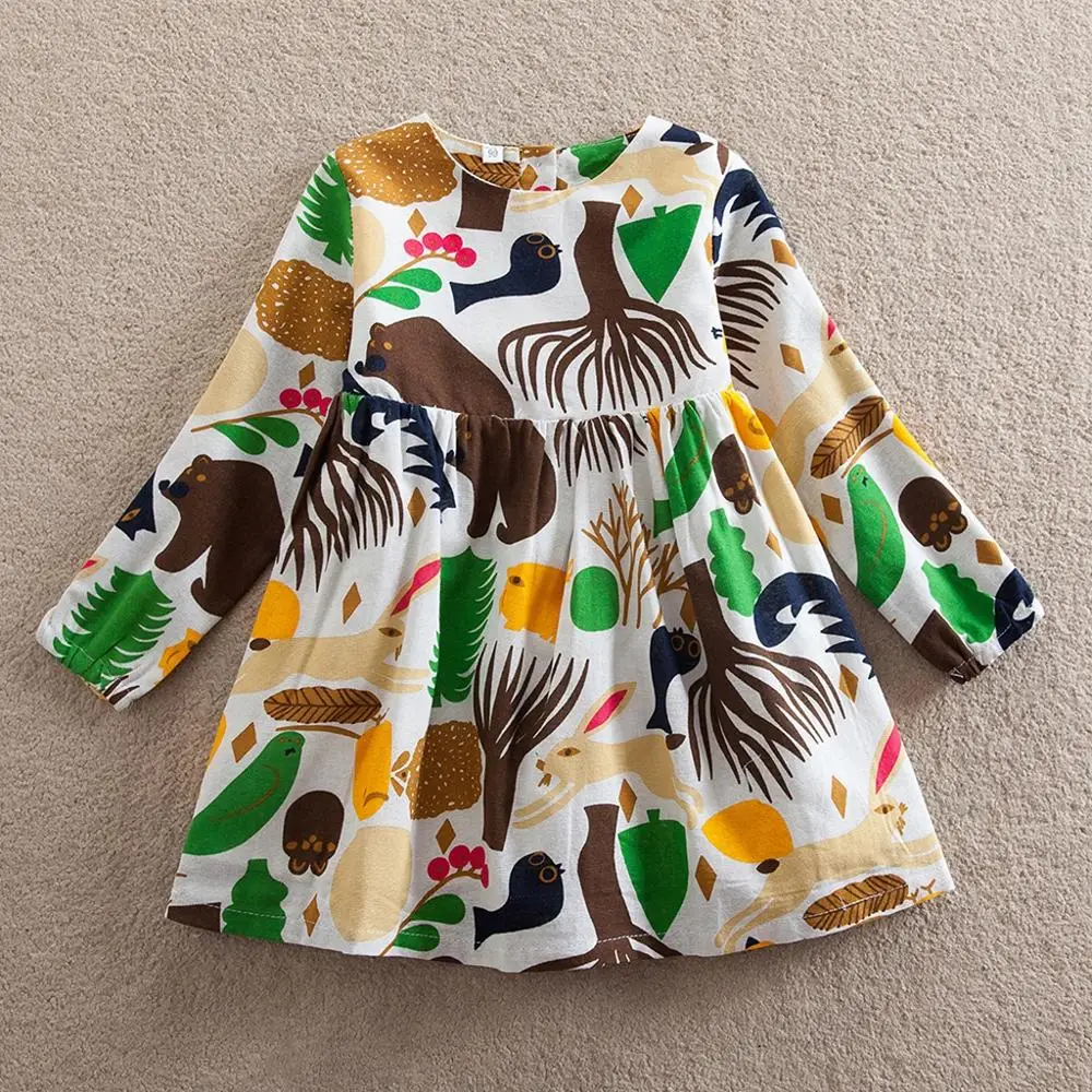 PatPat Stylish Forest Animal Print Long-sleeve Dress for Toddler Girls Round Neck Waist Design Buttons Back | Детская одежда и