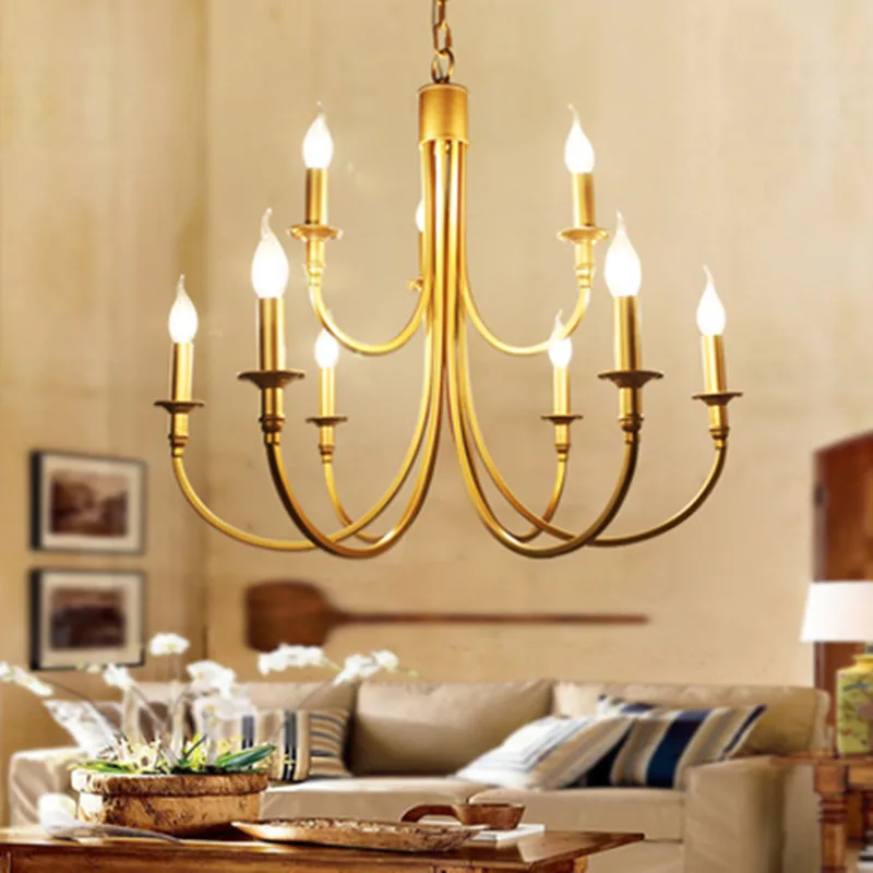 

Living Room Gold bronze Full Copper LED Candle Chandelier Lamps Retro American Country Style LED Chandelier Restaurant Prestigio