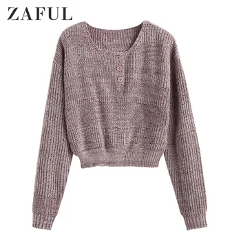 

ZAFUL Half Buttoned Heathered Pullover Sweater For Women Round Collar Drop Shoulder Long Sleeve Pullovers Daily Female Tops