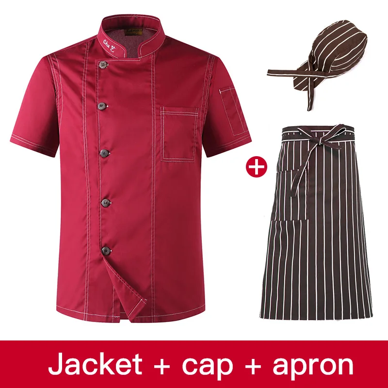 Viaoli Hotel Chef's Uniform Short Sleeve Mesh Breathable Workwear shirt Catering Restaurant Kitchen Bakery wholesale chef jacket - Цвет: jacket hat apron