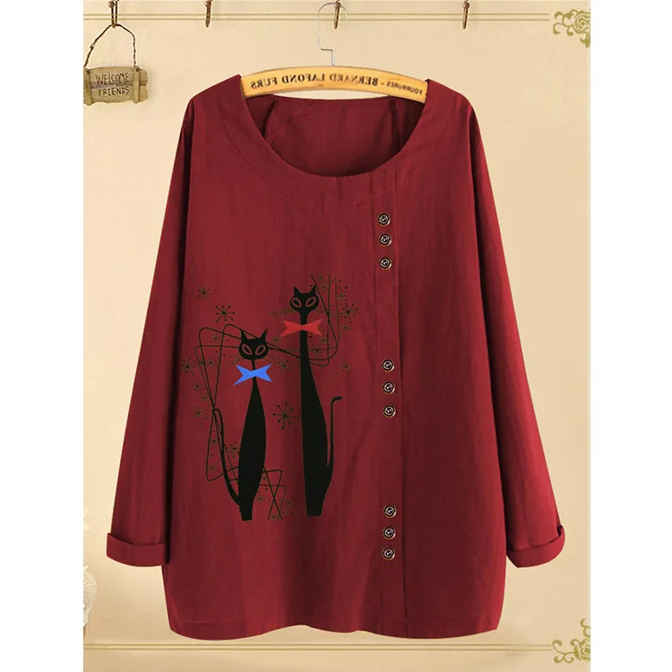 Harajuku футболка ropa mujer с длинным рукавом Осень мультфильм кошки заготовки пуговиц Хлопок Лен Повседневная футболка женская одежда Большие размеры - Цвет: Красный