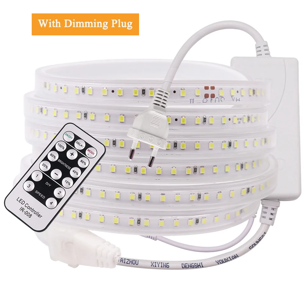 With EU Dimming Plug 220 В Светодиодная лента 120 светодиодный s/m светильник гибкий светодиодный SMD2835 водонепроницаемый Светодиодный светильник с ЕС Разъем затемнения переключатель штекер для домашнего декора - Испускаемый цвет: With EU Dimming Plug