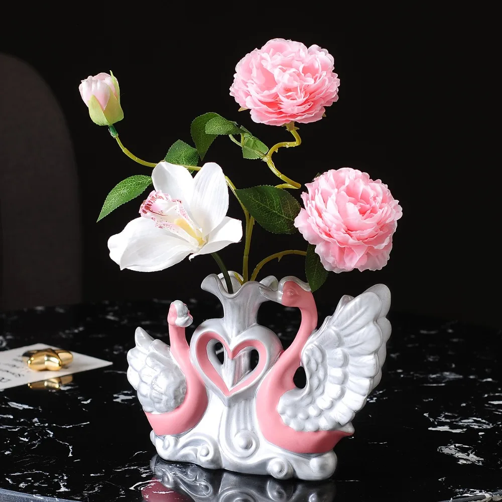 Modern Swan Ceramic Vase+Artificial Flower Ornaments Wedding Gifts Home Livingroom Desk Figurines Furnishing Crafts Decoration