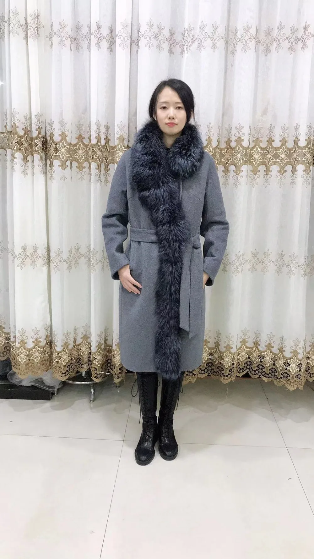 AMSIIKE женское кашемировое пальто. Зимнее длинное утепленное пальто; планка с лисьим мехом; можно снять