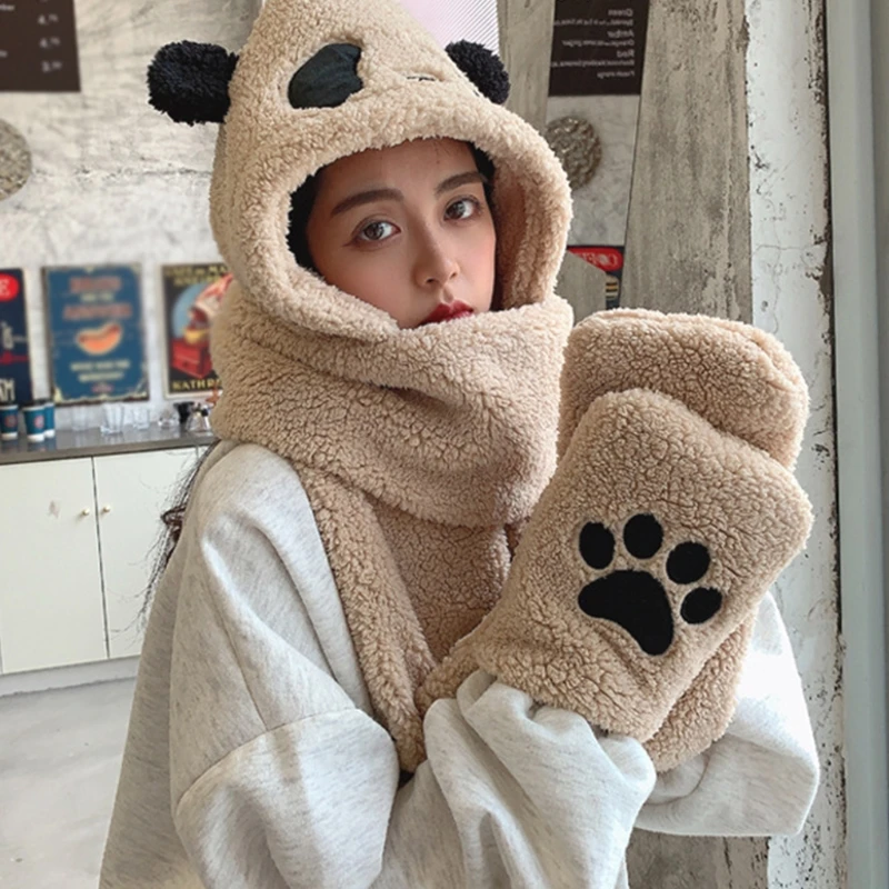 Cute Panda Hat Scarf Gloves 3-piece Set Plush Fluffy Cartoon Hat Women Winter Animal Paws Windproof Hoodie Cap Scarf Mitten 5