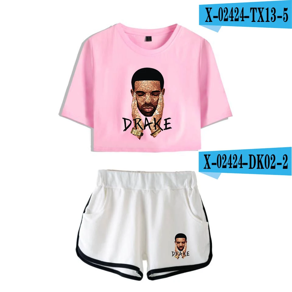 Drizzy Drake футболка шорты женский набор пупка короткий рукав кровати рубашки o-образным вырезом летние комплекты из двух частей Сексуальная женская рубашка kpop для девочек - Цвет: 6-8