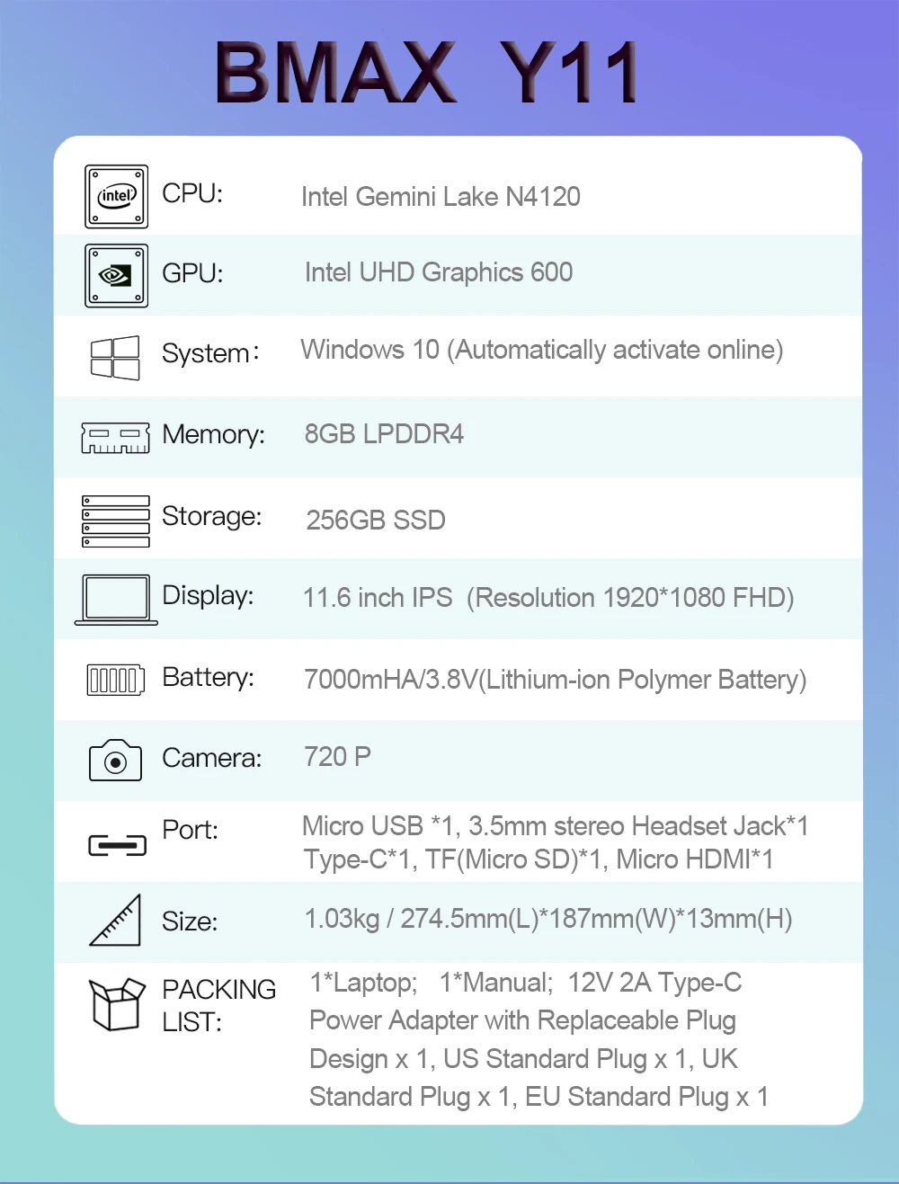 BMAX Y11 Laptop 11.6 Inch Quad Core Intel N4120 1920*1080 IPS Touch Screen 8GB LPDDR4 RAM 256GB SSD ROM Notebook Windows10 Pc the latest ultraslim laptops good