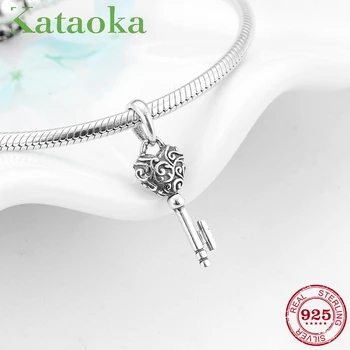 

100% Real 925 Sterling Silver Key heart Shape fine Pendants Beads Fit Original European Charm DIY Bracelet Jewelry making