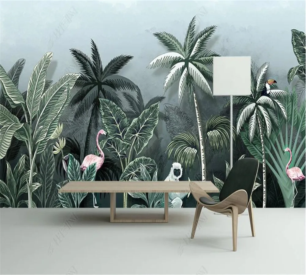 

Custom 3D wallpaper 8D mural hand-painted tropical rainforest flamingo HD medieval background wall decoration painting