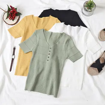 

Autumn V-Neck Slim Sweaters Women Buttons Knitted Tops Short Sleeve Pullovers Tops
