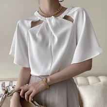 

Summer Office Lady Elegant Fashion Chic Irregular O-Bow Tie Hollow Design Women's Top Simple Pure Color Butterfly Sleeve T-shirt